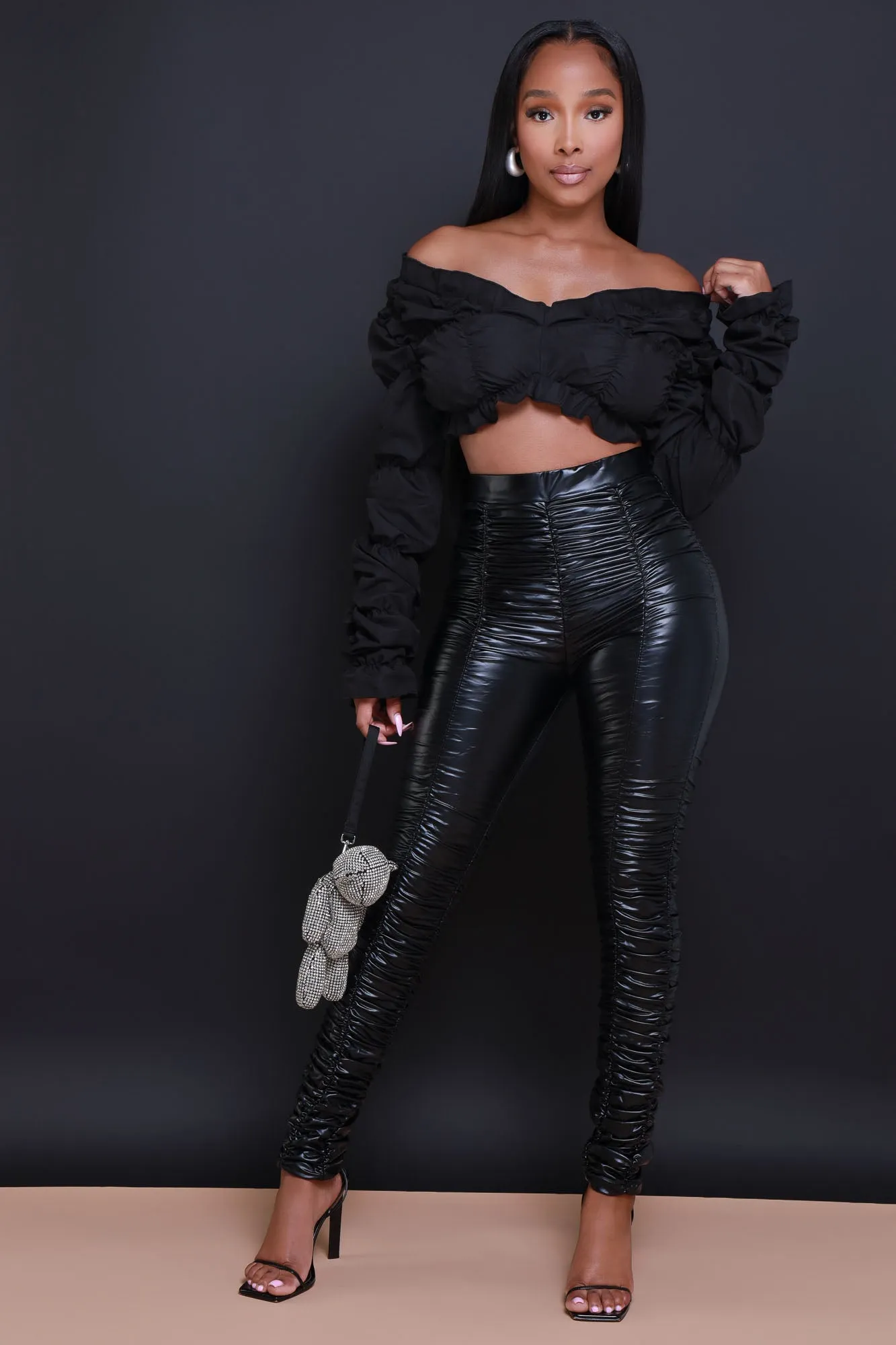 Take The Hint Ruched Ruffle Crop Top - Black sold by Swankaposh product image thumbnail 5