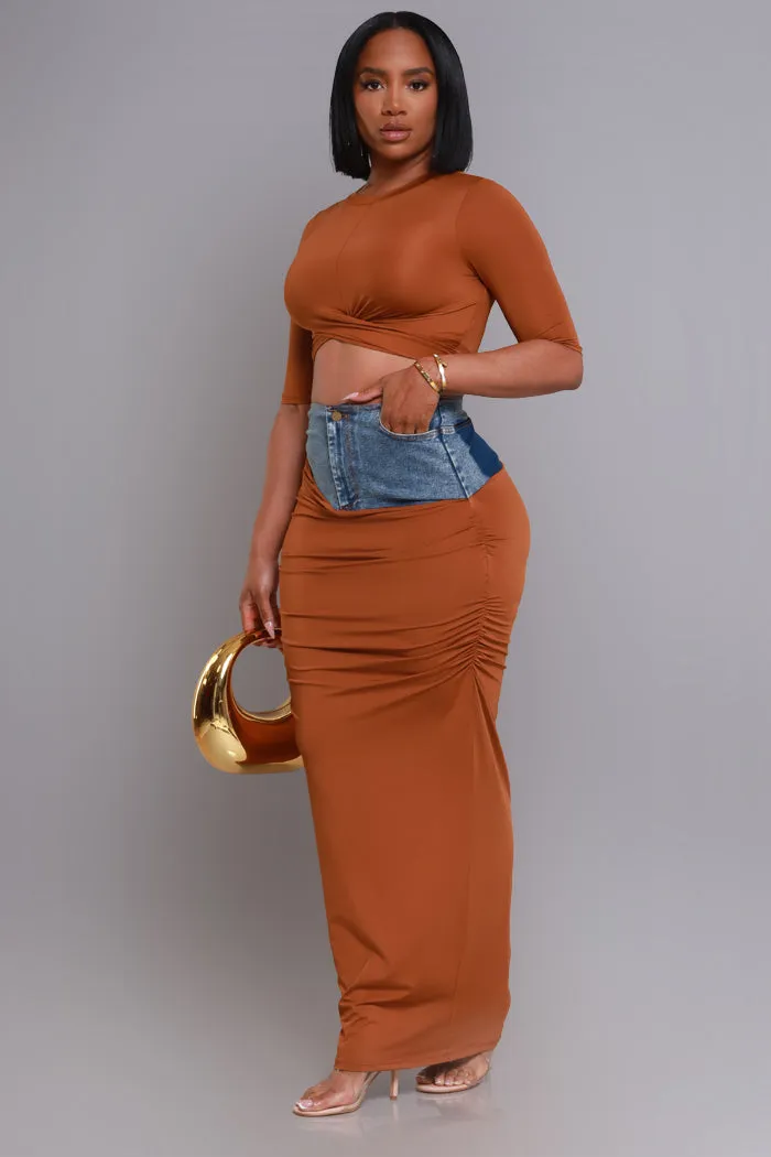 At Rest Cropped Maxi Skirt Set - Brown/ Denim sold by Swankaposh product image thumbnail 5