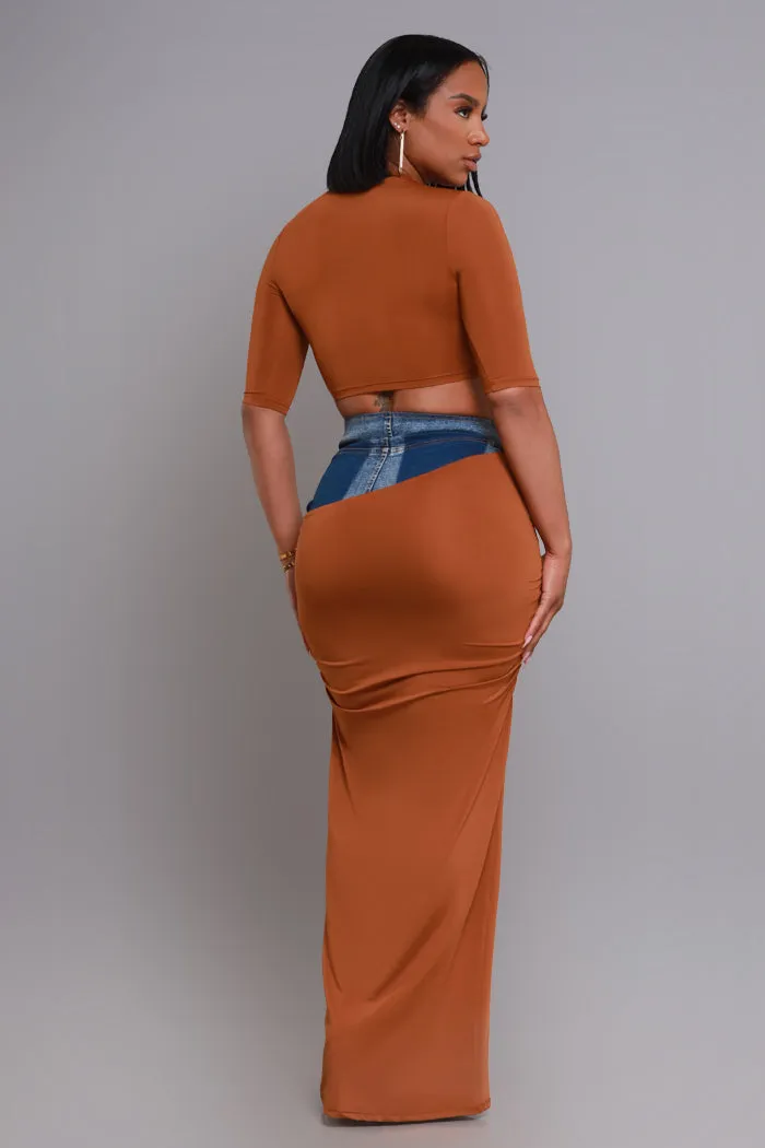 At Rest Cropped Maxi Skirt Set - Brown/ Denim sold by Swankaposh product image thumbnail 2