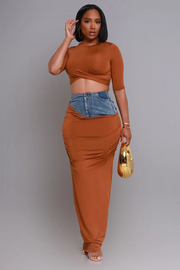 At Rest Cropped Maxi Skirt Set - Brown/ Denim sold by Swankaposh
