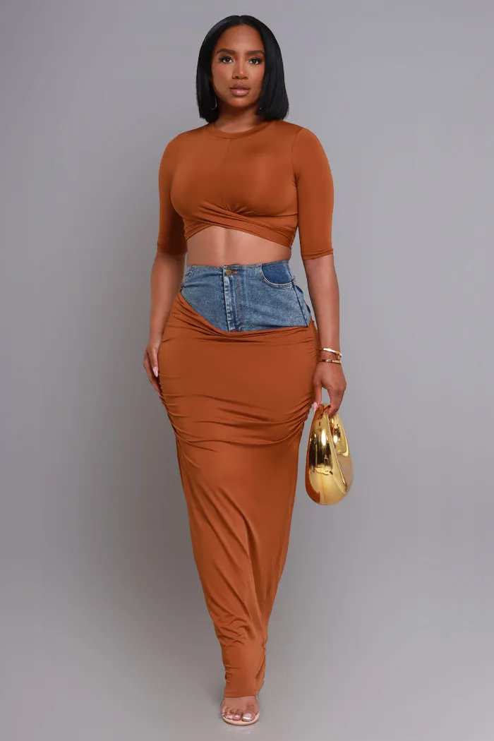 At Rest Cropped Maxi Skirt Set - Brown/ Denim sold by Swankaposh product image thumbnail 4