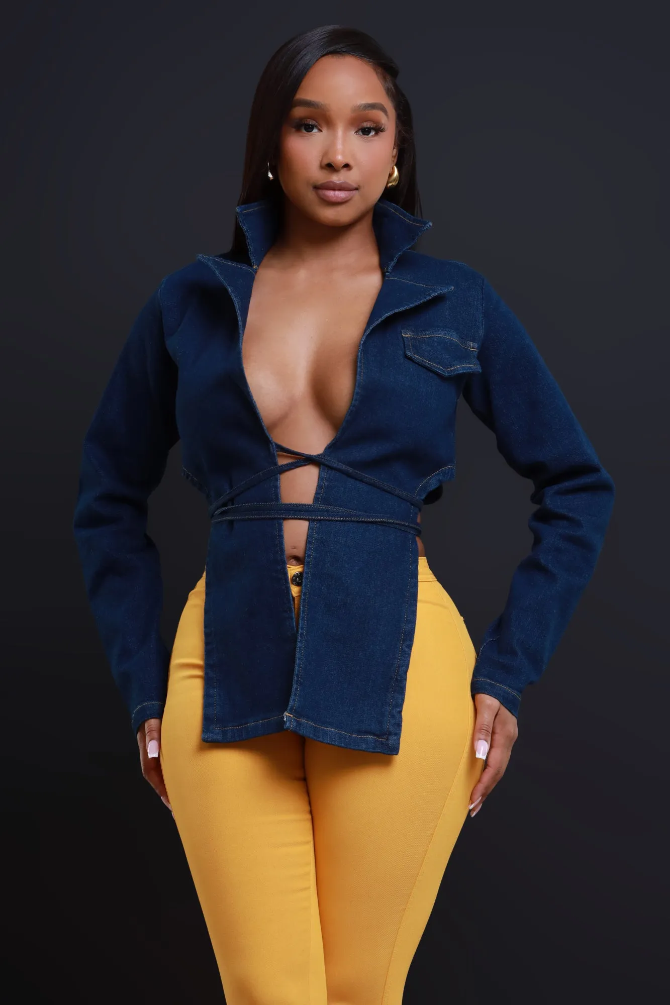 Status Symbol Cropped Denim Wrap Top - Dark Wash sold by Swankaposh