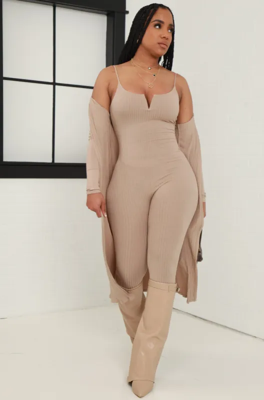 Do You Mind Bodycon Jumpsuit & Cardigan Set - Mocha sold by Swankaposh