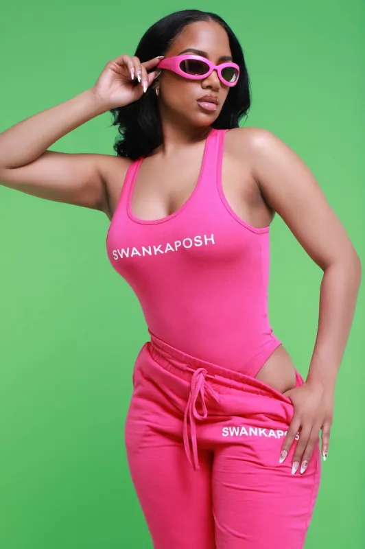 Swankaposh Logo Bodysuit - Hot Pink/White sold by Swankaposh