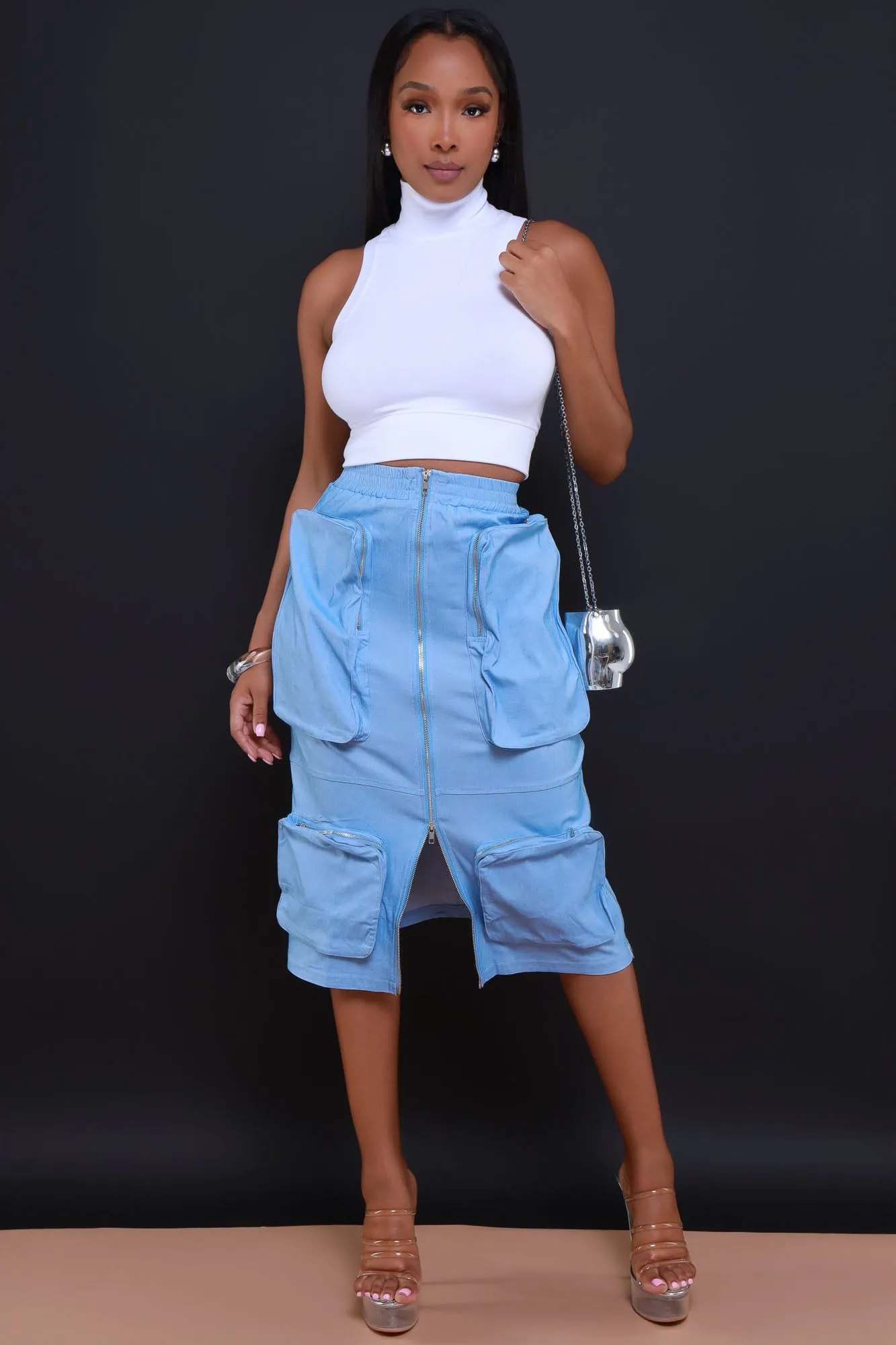 Get Busy Zippered Cargo Midi Skirt - Light Blue sold by Swankaposh