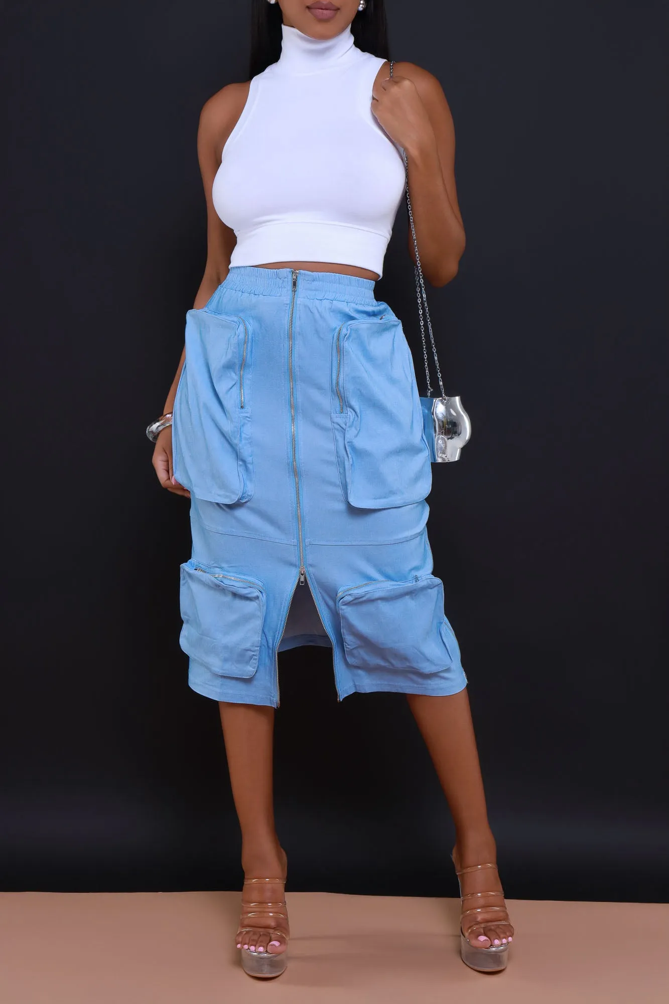 Get Busy Zippered Cargo Midi Skirt - Light Blue sold by Swankaposh product image thumbnail 5