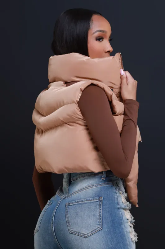Girl Fight Cropped Cut Out Puffer Vest - Taupe sold by Swankaposh