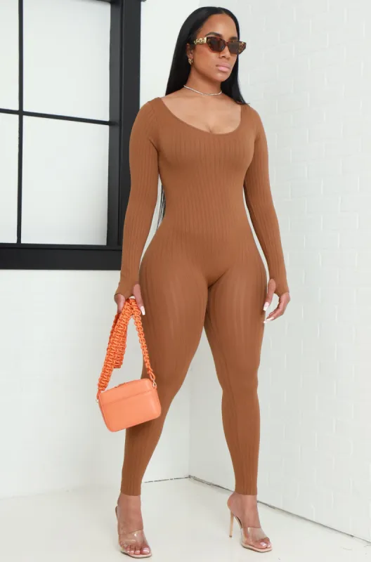 Keep Your Promise Ribbed Seamless Jumpsuit - Mocha sold by Swankaposh