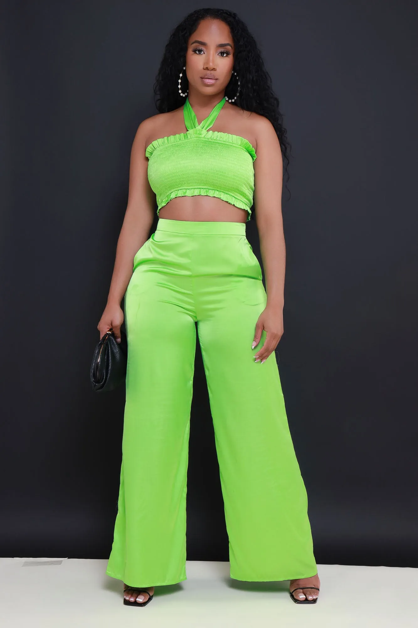 Hold Me Close Satin Cropped Pants Set - Green sold by Swankaposh