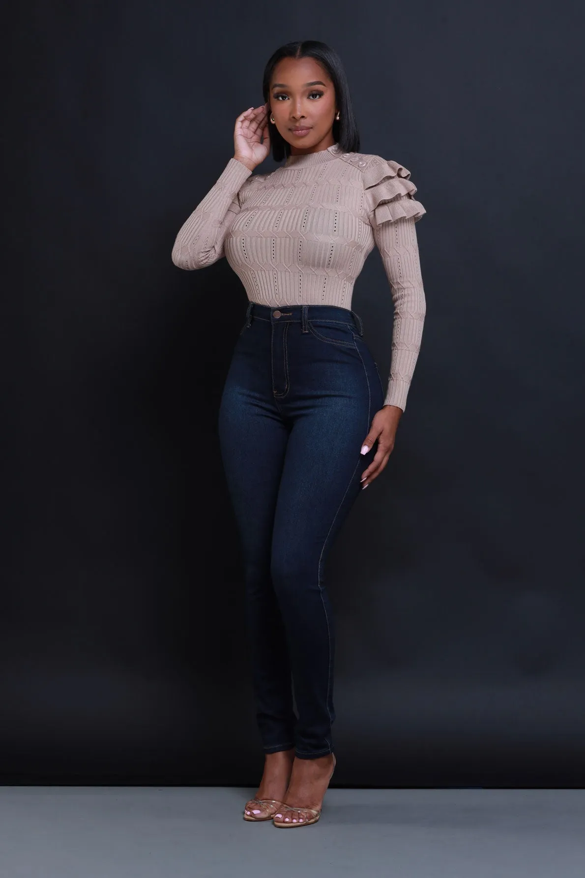 Maybe Not Ruffle Shoulder Turtleneck Sweater - Taupe sold by Swankaposh product image thumbnail 2