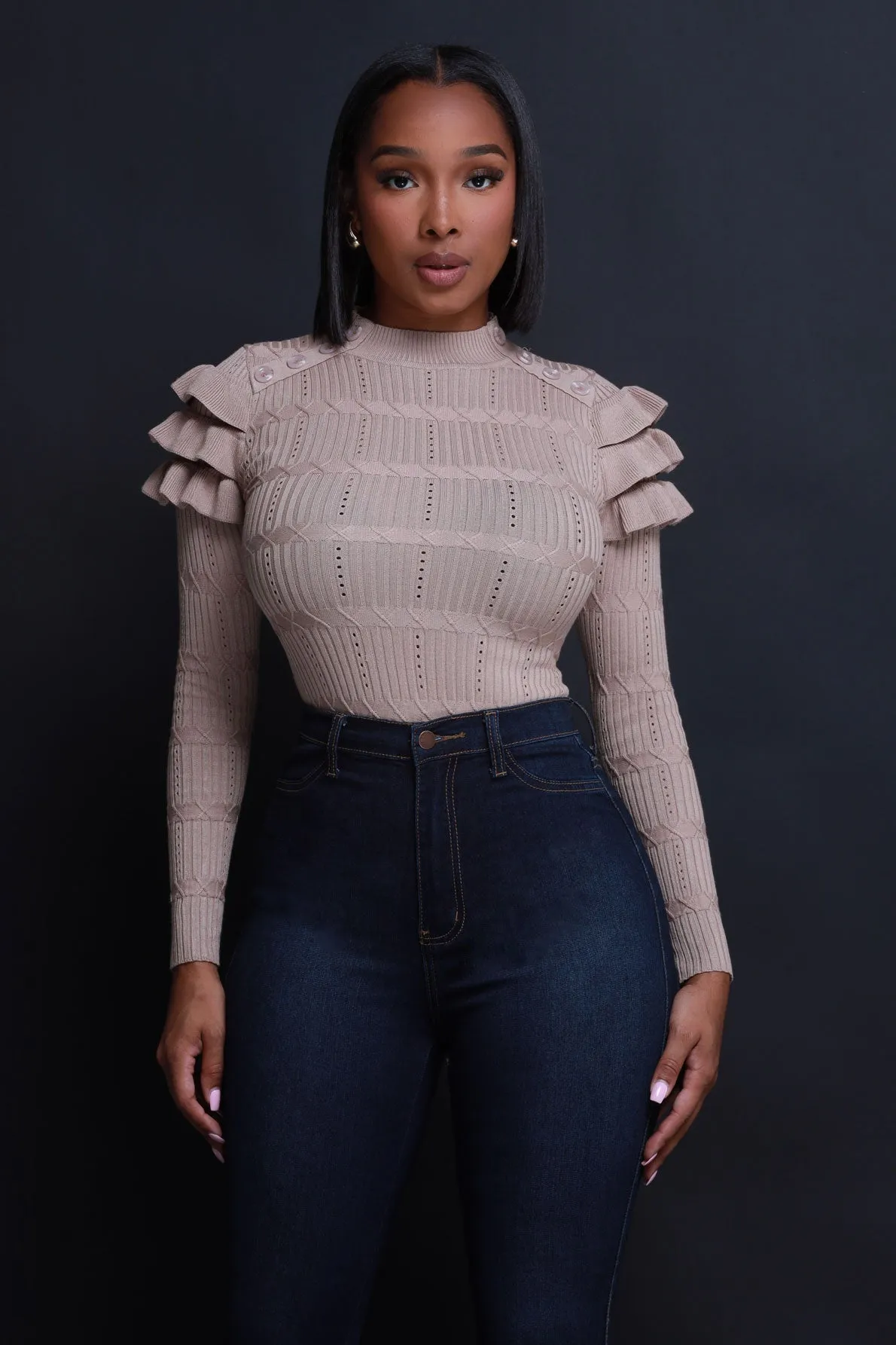 Maybe Not Ruffle Shoulder Turtleneck Sweater - Taupe sold by Swankaposh