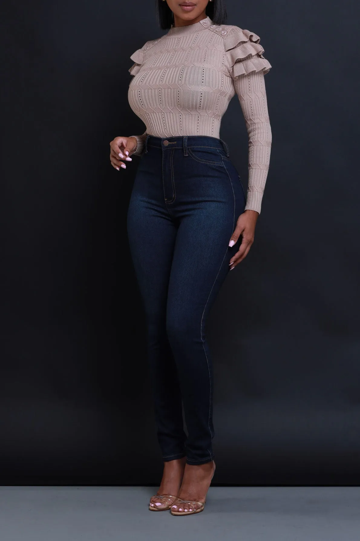 Maybe Not Ruffle Shoulder Turtleneck Sweater - Taupe sold by Swankaposh product image thumbnail 4