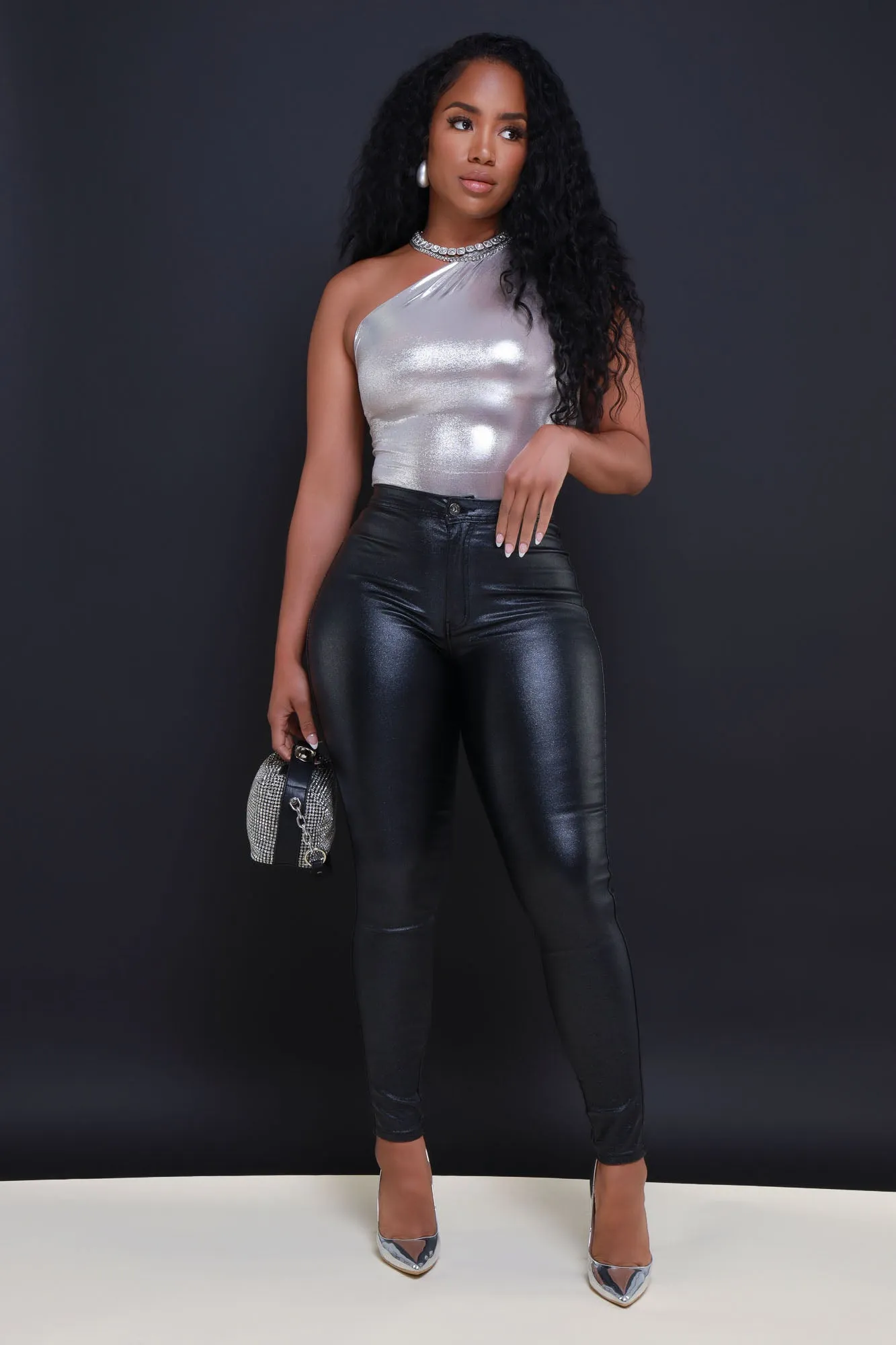 Coming In Hot High Rise Metallic Skinny Pants - Black sold by Swankaposh product image thumbnail 4