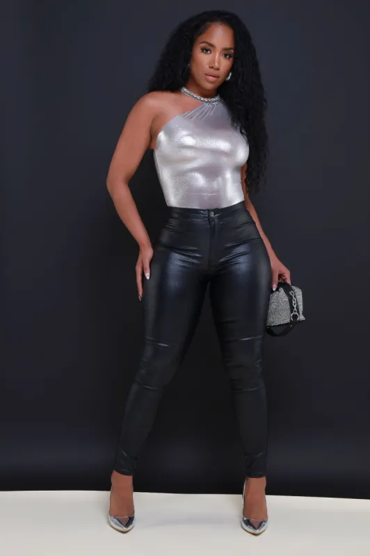 Coming In Hot High Rise Metallic Skinny Pants - Black sold by Swankaposh