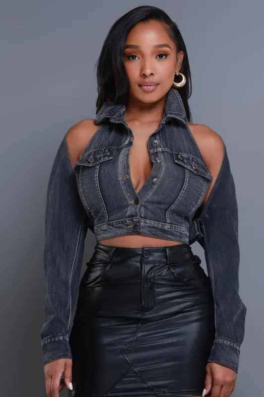 Killa Cropped Cutout Denim Jacket - Vintage Black sold by Swankaposh