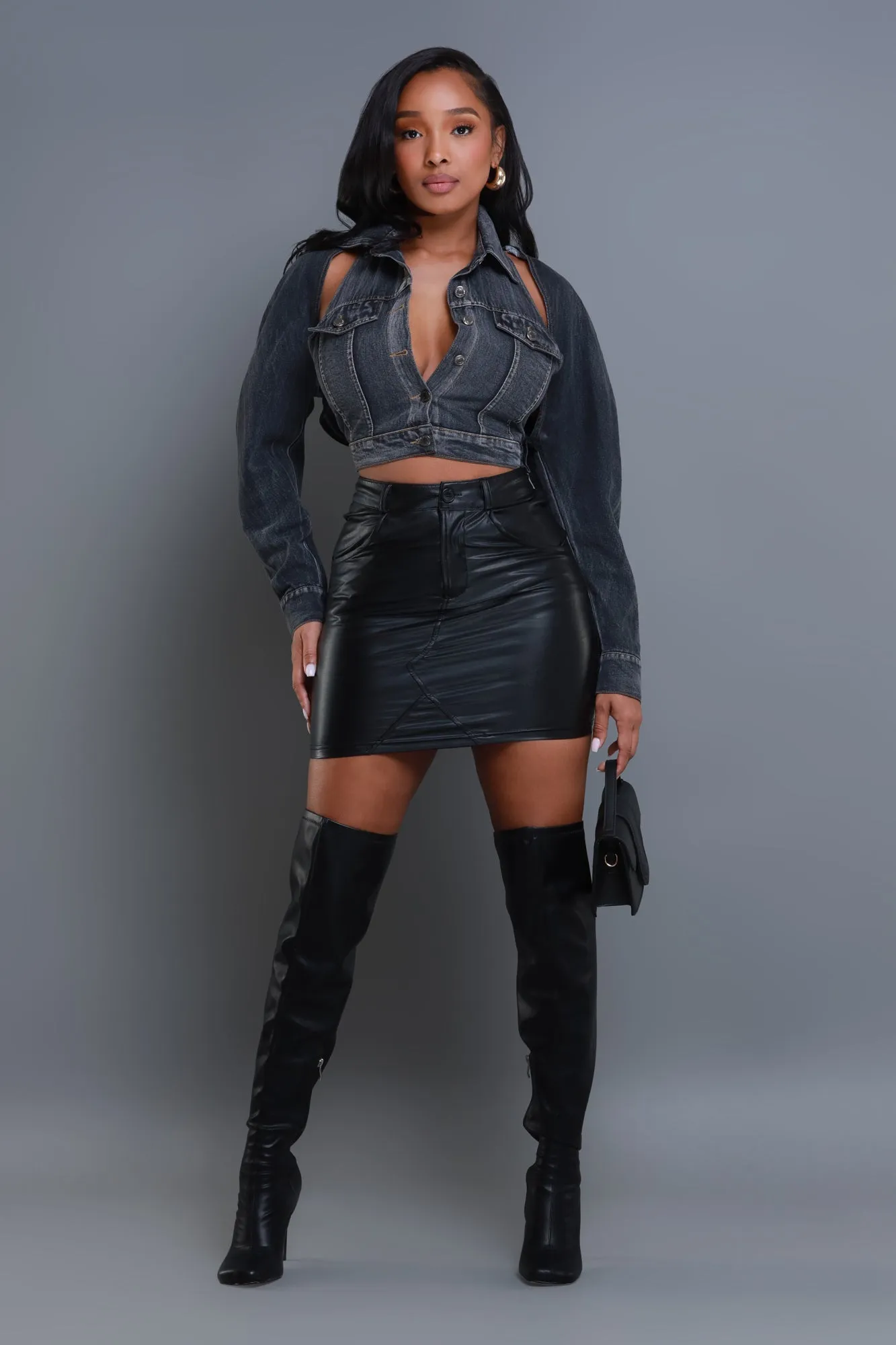 Killa Cropped Cutout Denim Jacket - Vintage Black sold by Swankaposh product image thumbnail 4