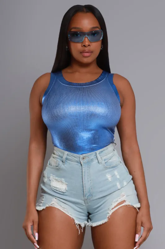 Show The Goods Shiny Ribbed Tank Top - Blue sold by Swankaposh