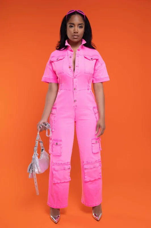 Someone New Denim Cargo Jumpsuit - Pink sold by Swankaposh
