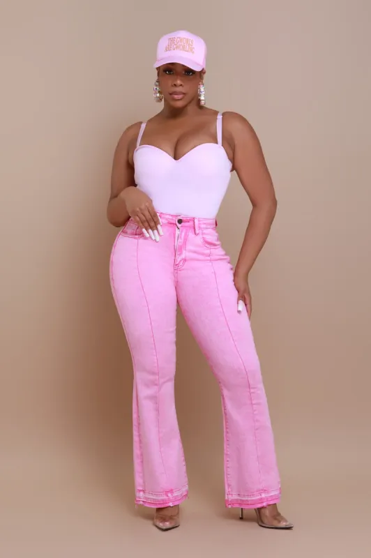 Access Denied High Rise Flare Leg Jeans - Pink sold by Swankaposh
