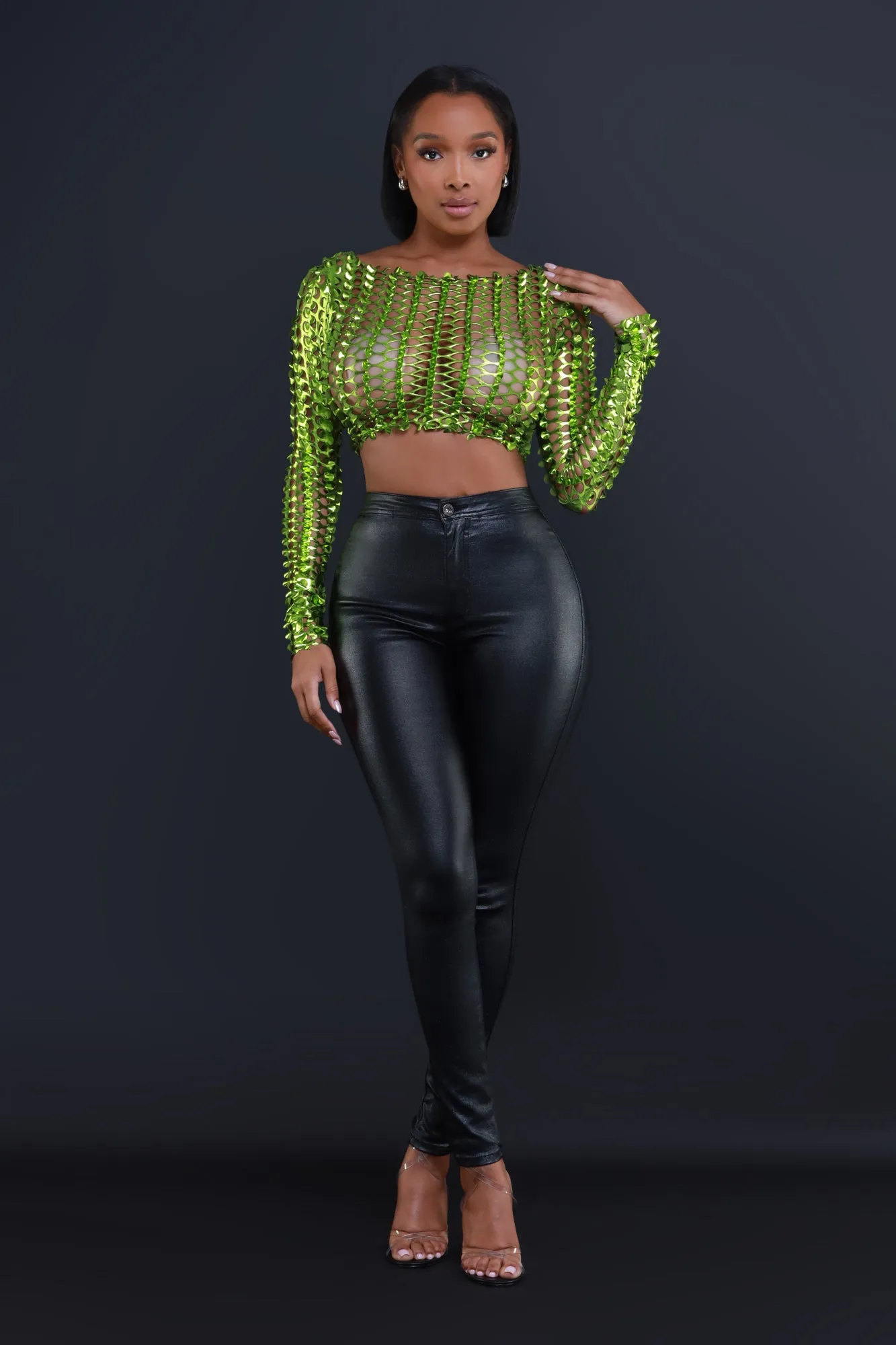 Watch Out Metallic Cut Out Crop Top - Green sold by Swankaposh product image thumbnail 4
