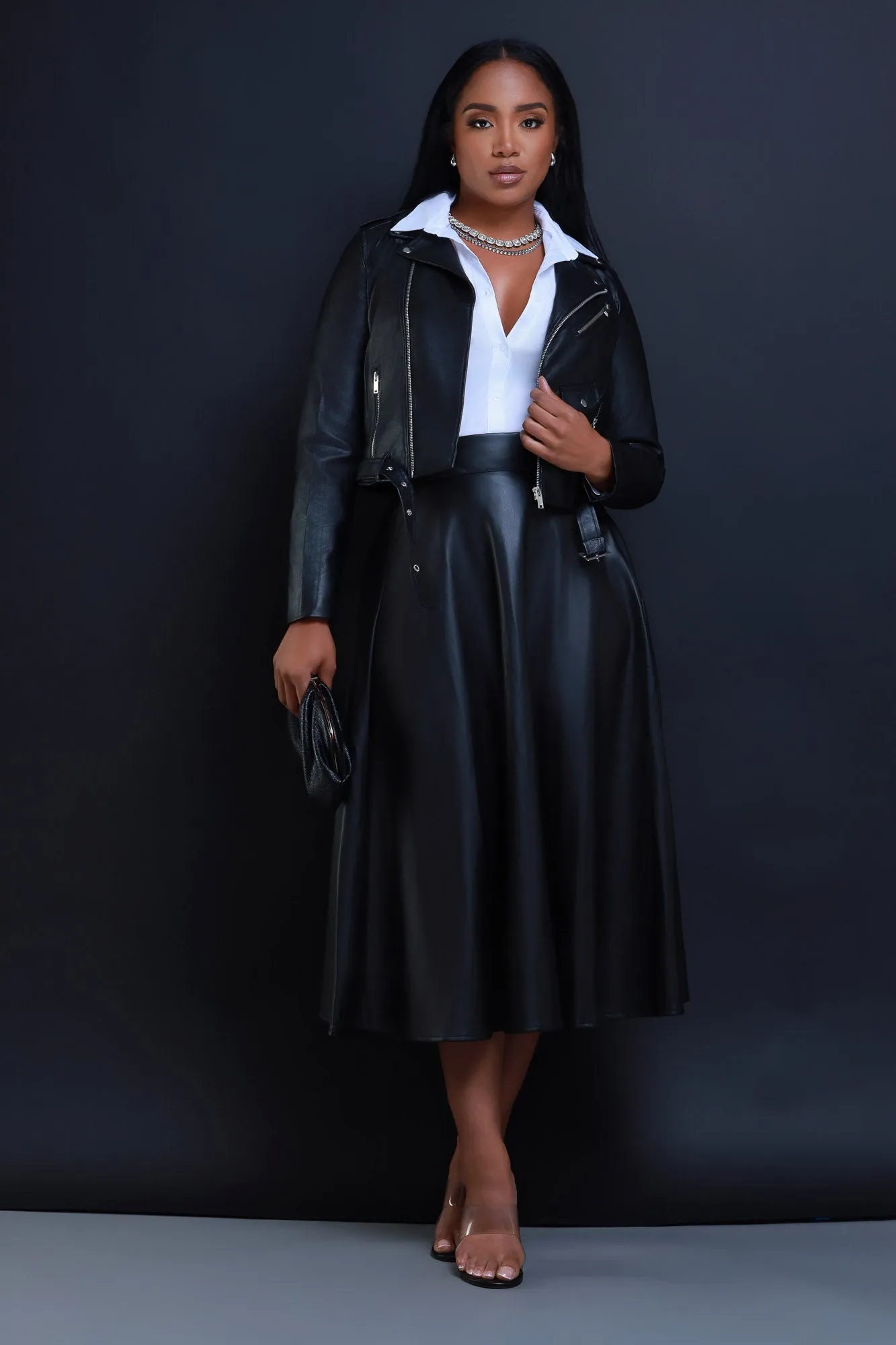 Gone Bad Faux Leather A-Line Midi Skirt - Black sold by Swankaposh