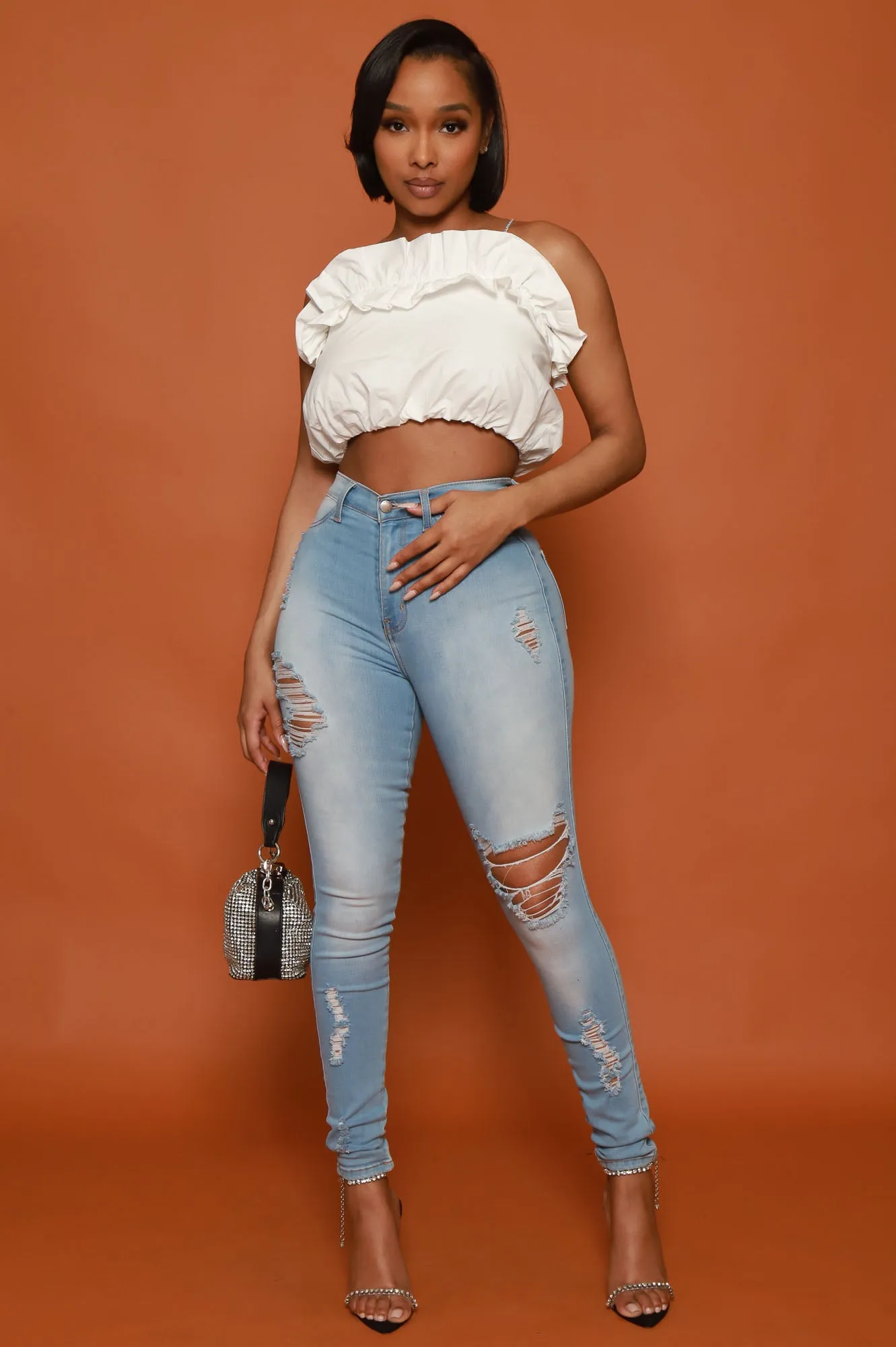 Open Call Rhinestone Ruffled Crop Top - White sold by Swankaposh product image thumbnail 2