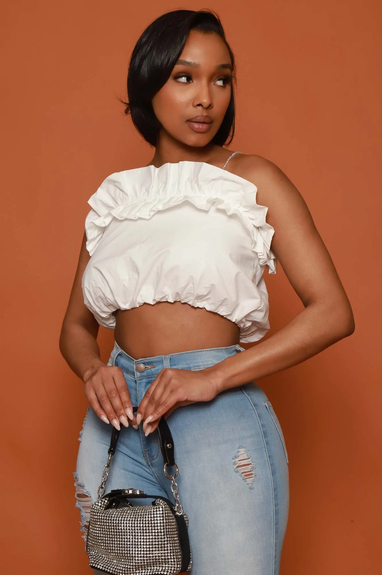 Open Call Rhinestone Ruffled Crop Top - White sold by Swankaposh