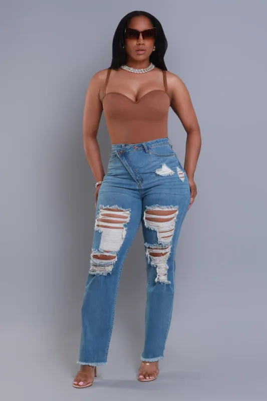 Limitless Asymmetrical Zip Bootcut Jeans - Medium Wash sold by Swankaposh