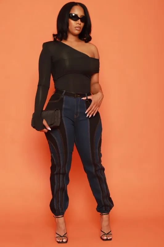 Shook Up Patchwork Denim Joggers - Black/Blue sold by Swankaposh