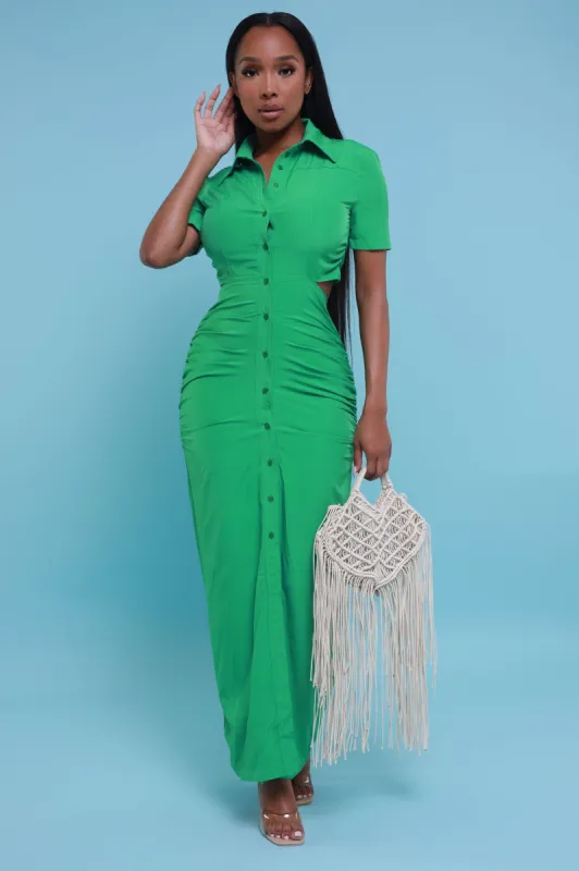Fall In Line Short Sleeve Open Back Maxi Dress - Green sold by Swankaposh