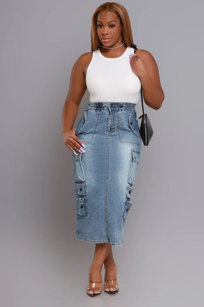 By Default Denim Cargo Midi Skirt - Light Wash sold by Swankaposh