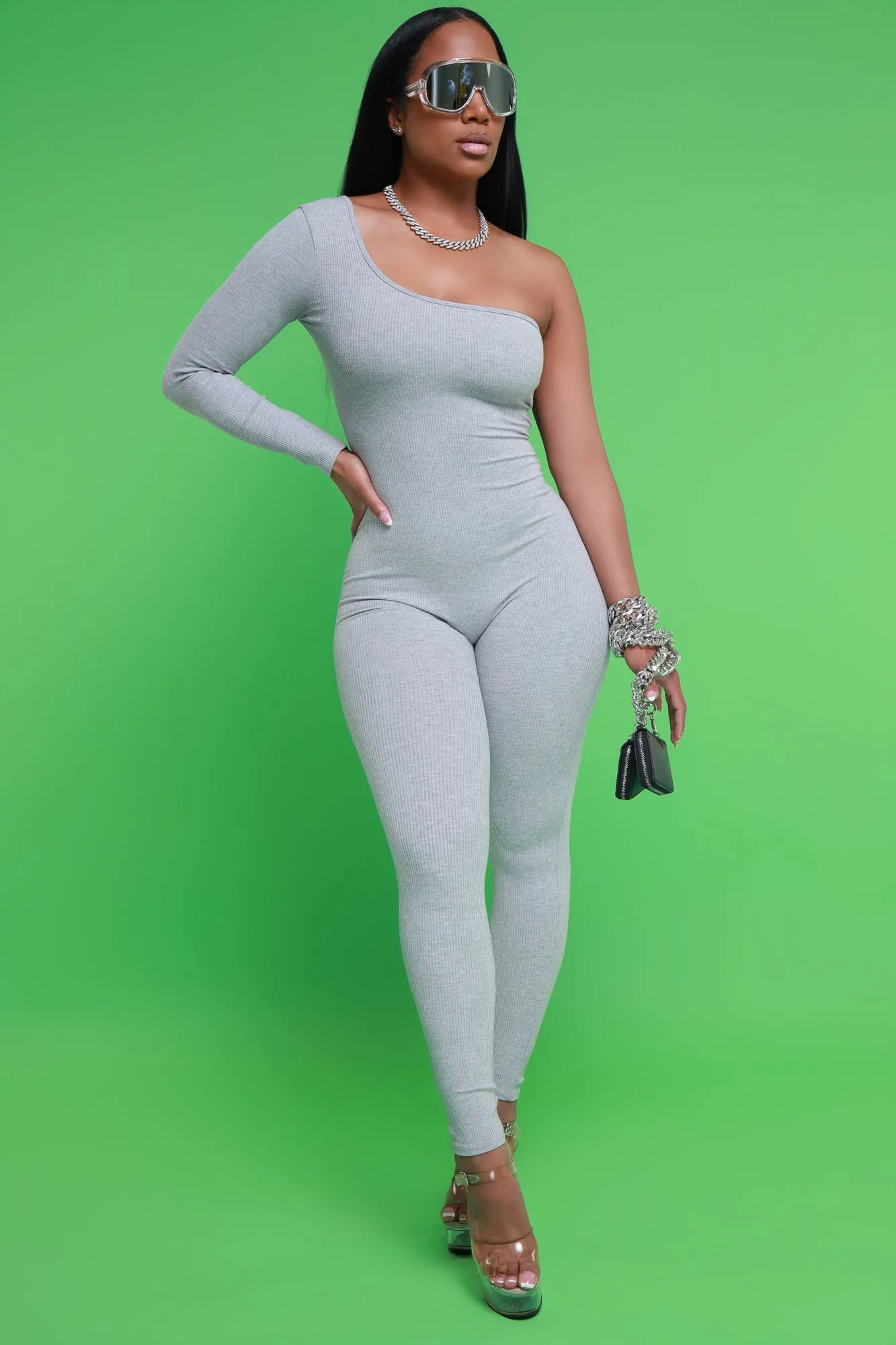 Overdrive Cellulite Deleter One Shoulder Jumpsuit - Heather Grey sold by Swankaposh