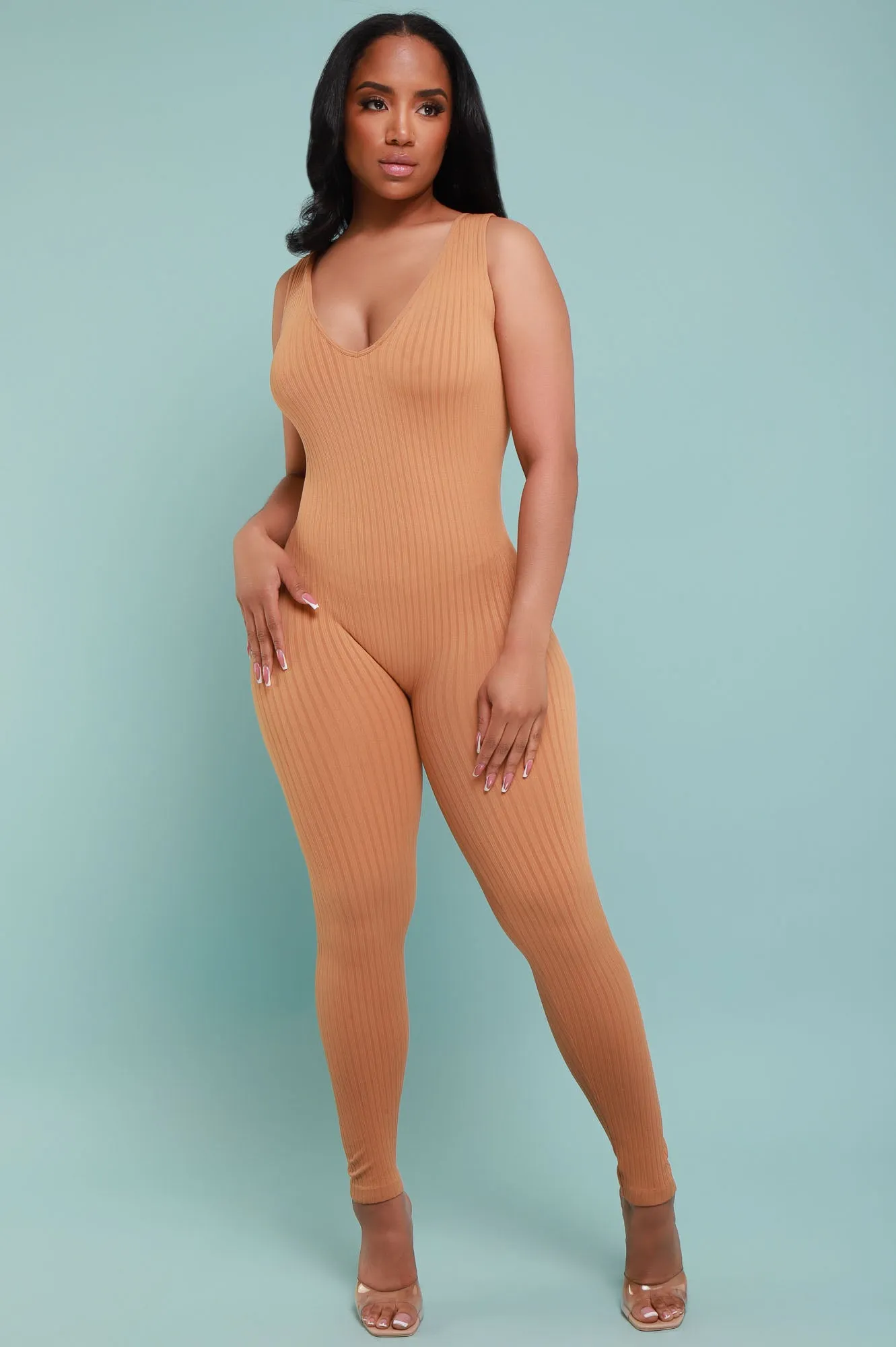 Iconic Sleeveless V-Neck Seamless Ribbed Jumpsuit - Brown sold by Swankaposh