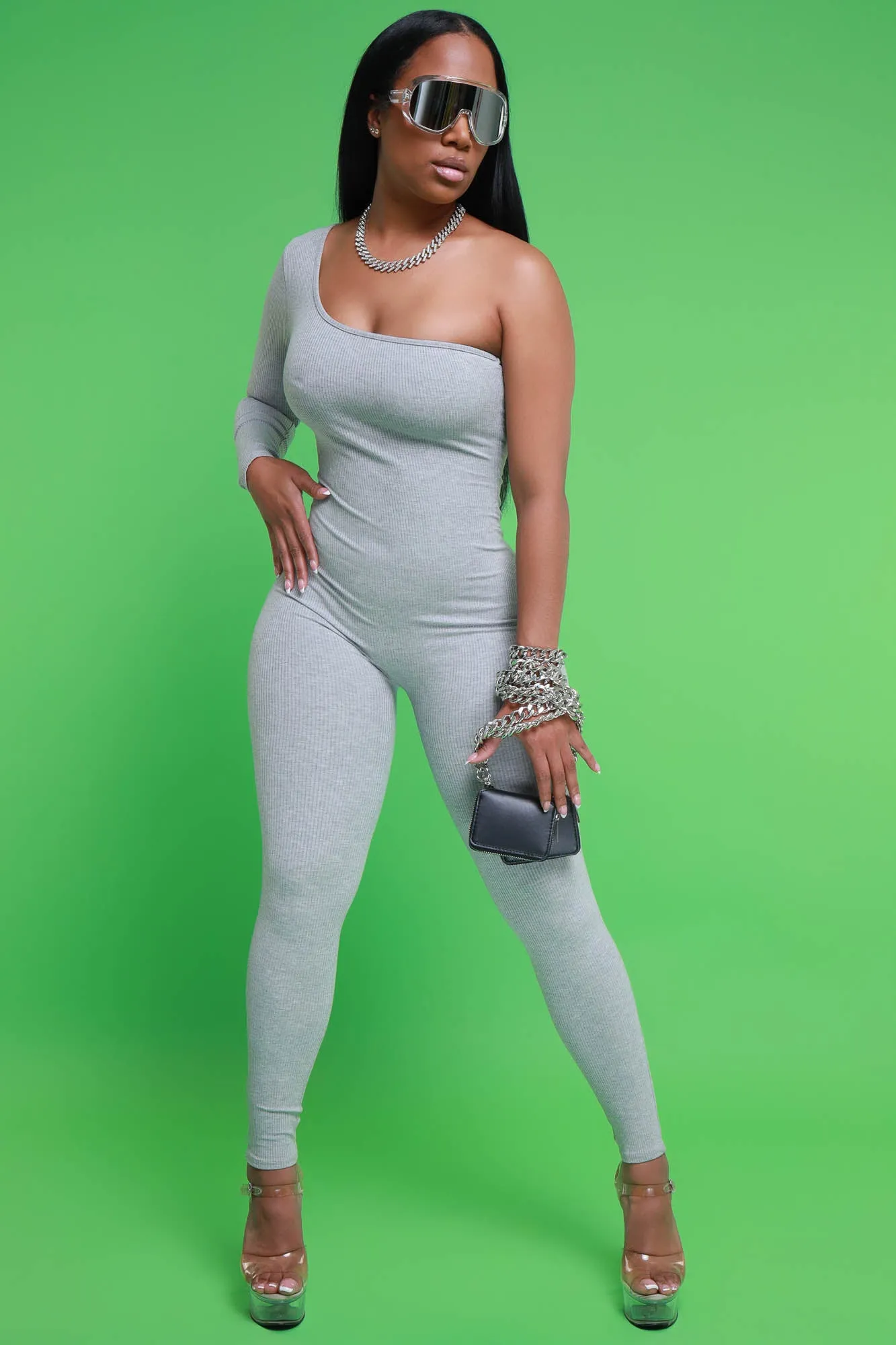 Overdrive Cellulite Deleter One Shoulder Jumpsuit - Heather Grey sold by Swankaposh product image thumbnail 5