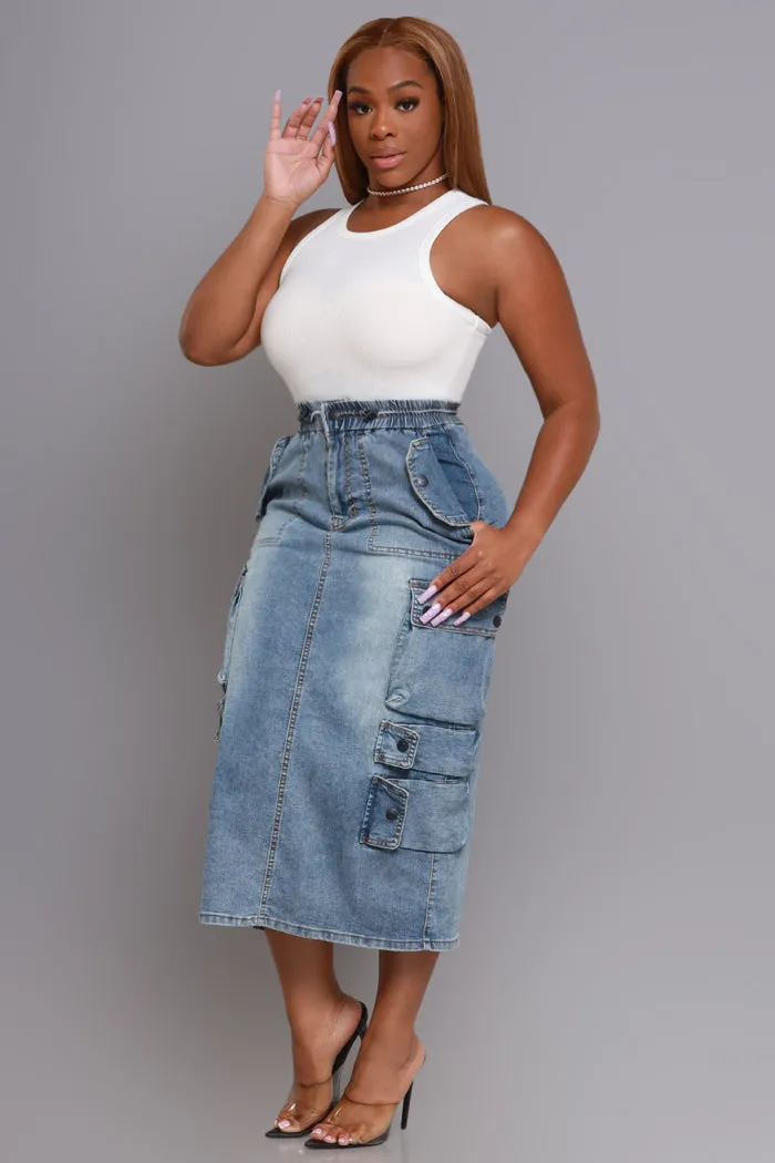 By Default Denim Cargo Midi Skirt - Light Wash sold by Swankaposh product image thumbnail 3