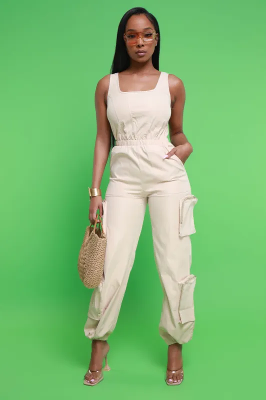 Front Page Sleeveless Cargo Jumpsuit - Khaki sold by Swankaposh