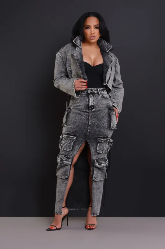 Get Down Denim Cargo Maxi Skirt - Black Wash sold by Swankaposh