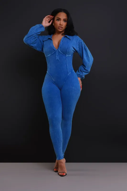 Order Up Mineral Wash Corset Lace Up Jumpsuit - Denim Blue sold by Swankaposh