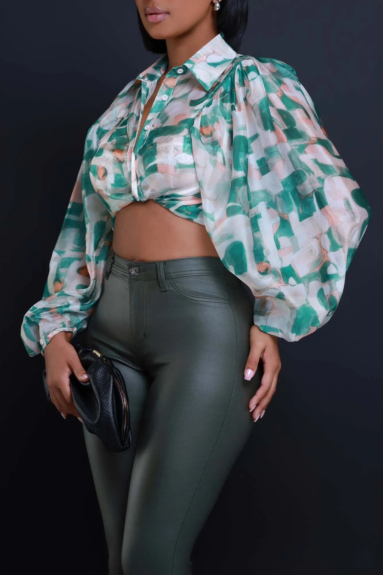 Hologram Long Sleeve Printed Button Down Top - Green sold by Swankaposh product image thumbnail 5