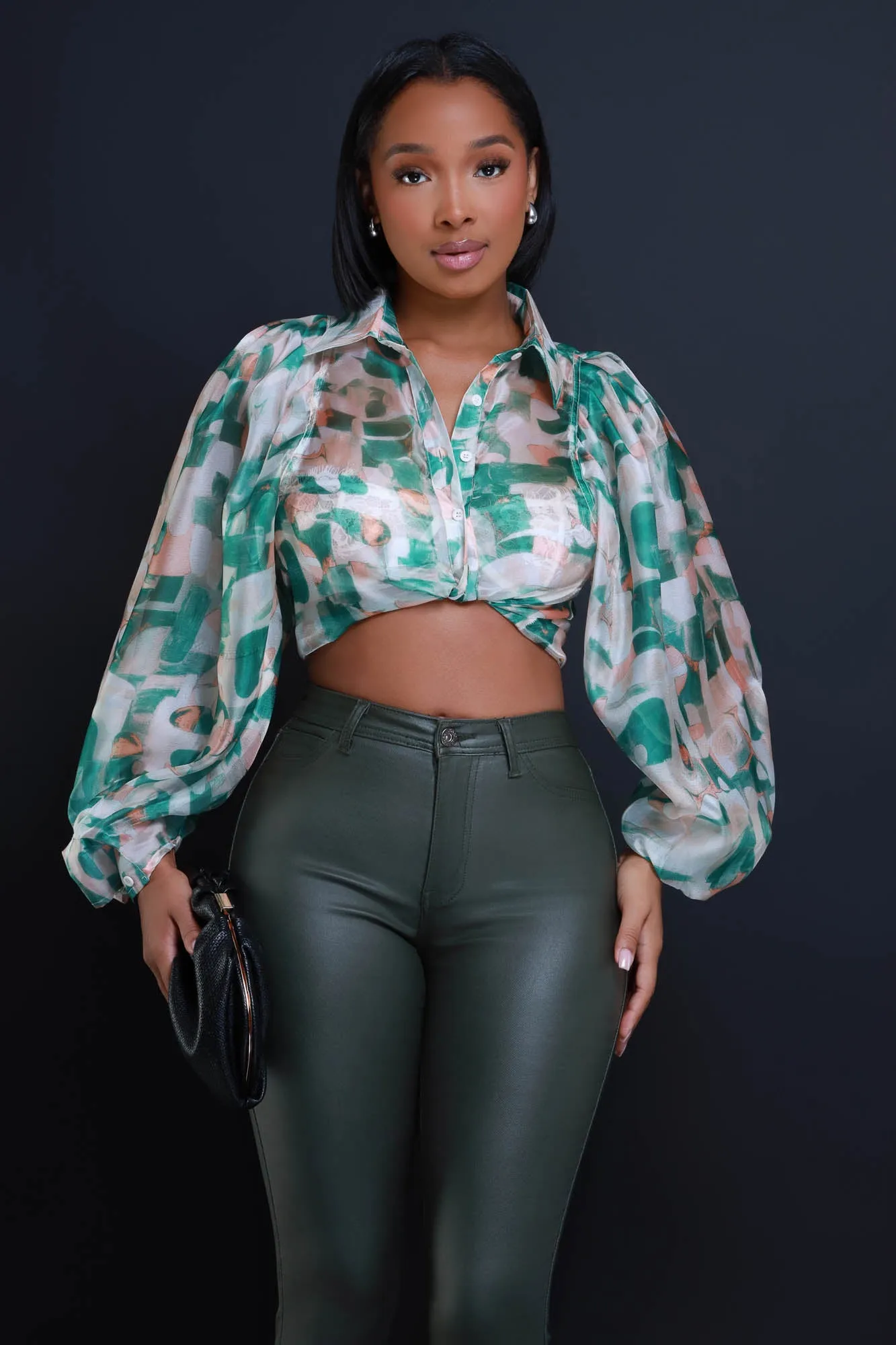 Hologram Long Sleeve Printed Button Down Top - Green sold by Swankaposh