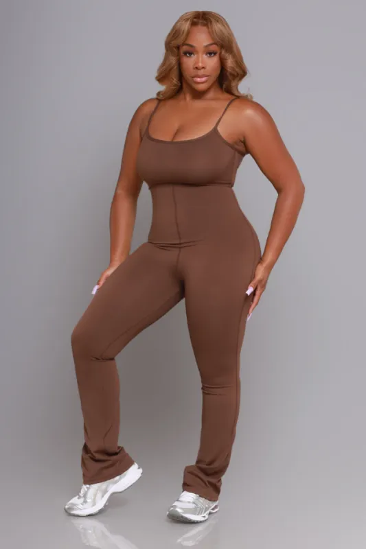 Keep It Calm Active Flare Leg Jumpsuit - Brown sold by Swankaposh