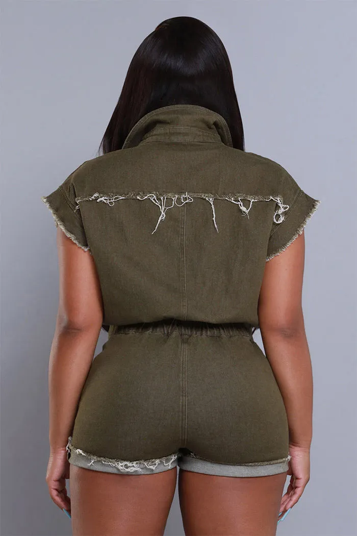 Still Waiting Distressed Denim Romper - Olive sold by Swankaposh product image thumbnail 3