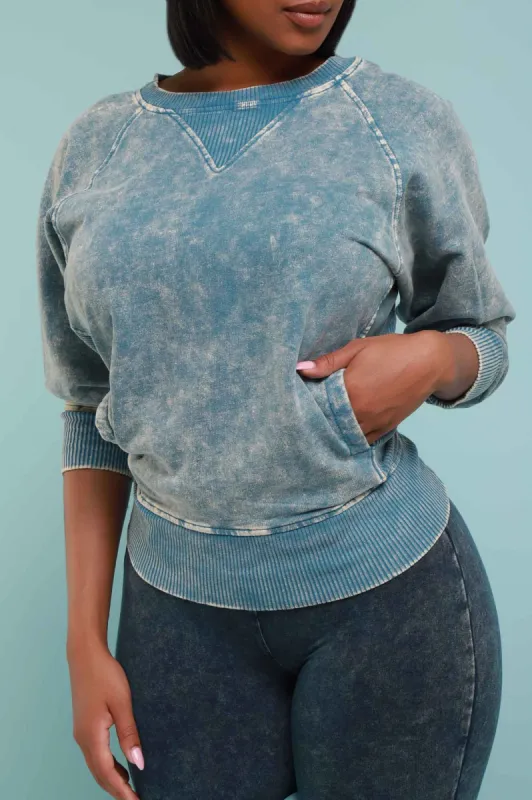 Open Up Long Sleeve Crewneck Top - Teal Wash sold by Swankaposh