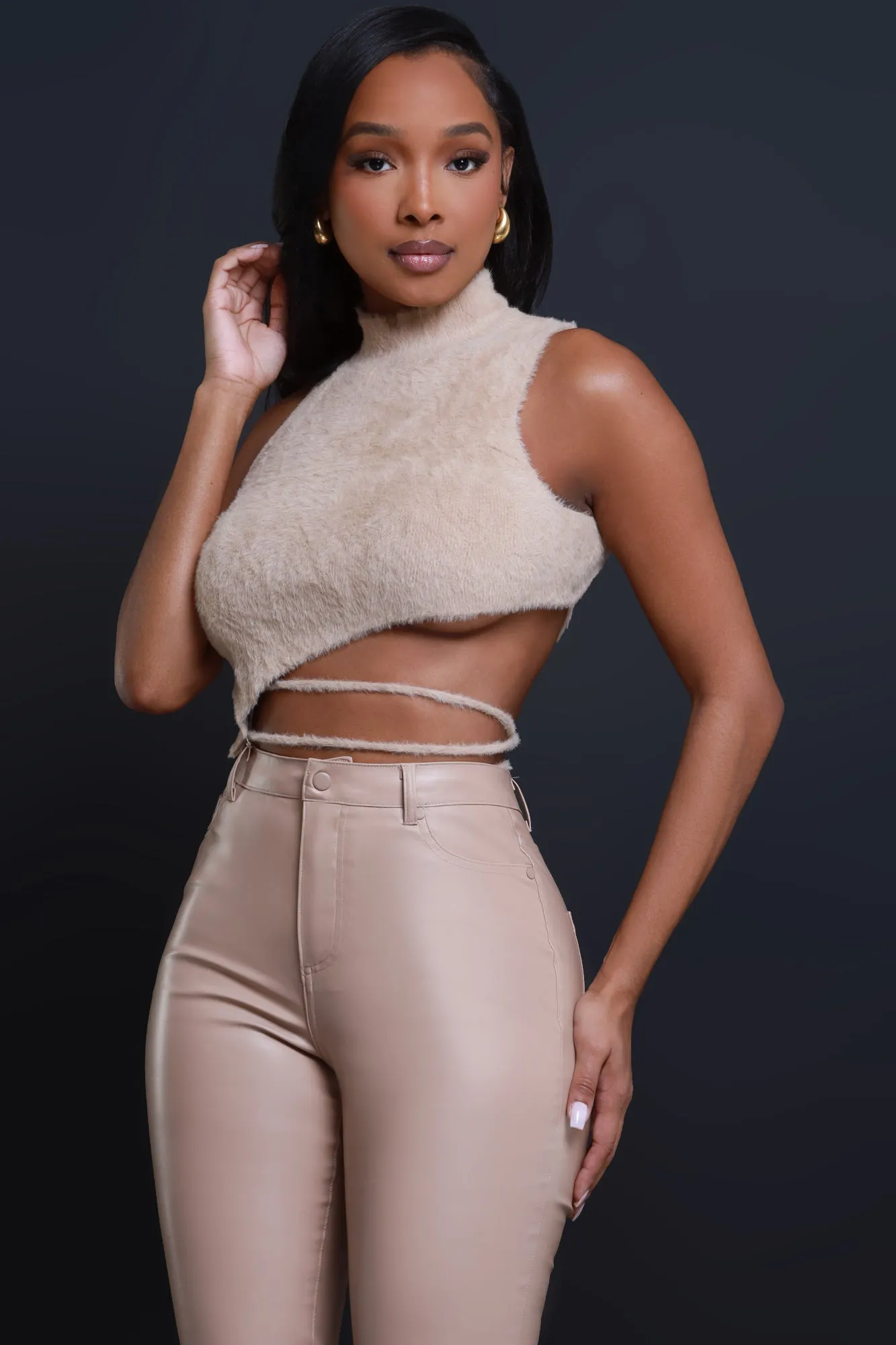 No Regrets Fuzzy Asymmetrical Crop Top - Beige sold by Swankaposh product image thumbnail 5