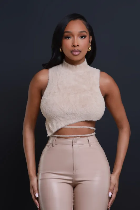 No Regrets Fuzzy Asymmetrical Crop Top - Beige sold by Swankaposh