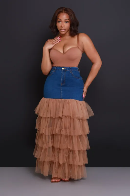 Deny Me This Ruffled Denim Maxi Skirt - Dark Wash/Mocha sold by Swankaposh
