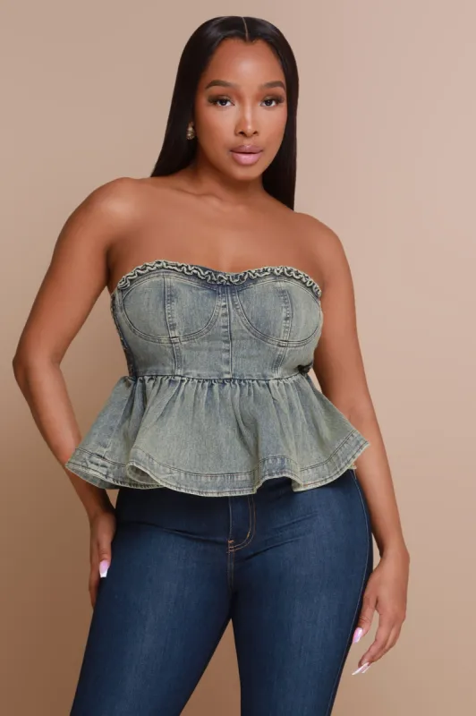 No Crumbs Strapless Denim Crop Top - Vintage Denim sold by Swankaposh