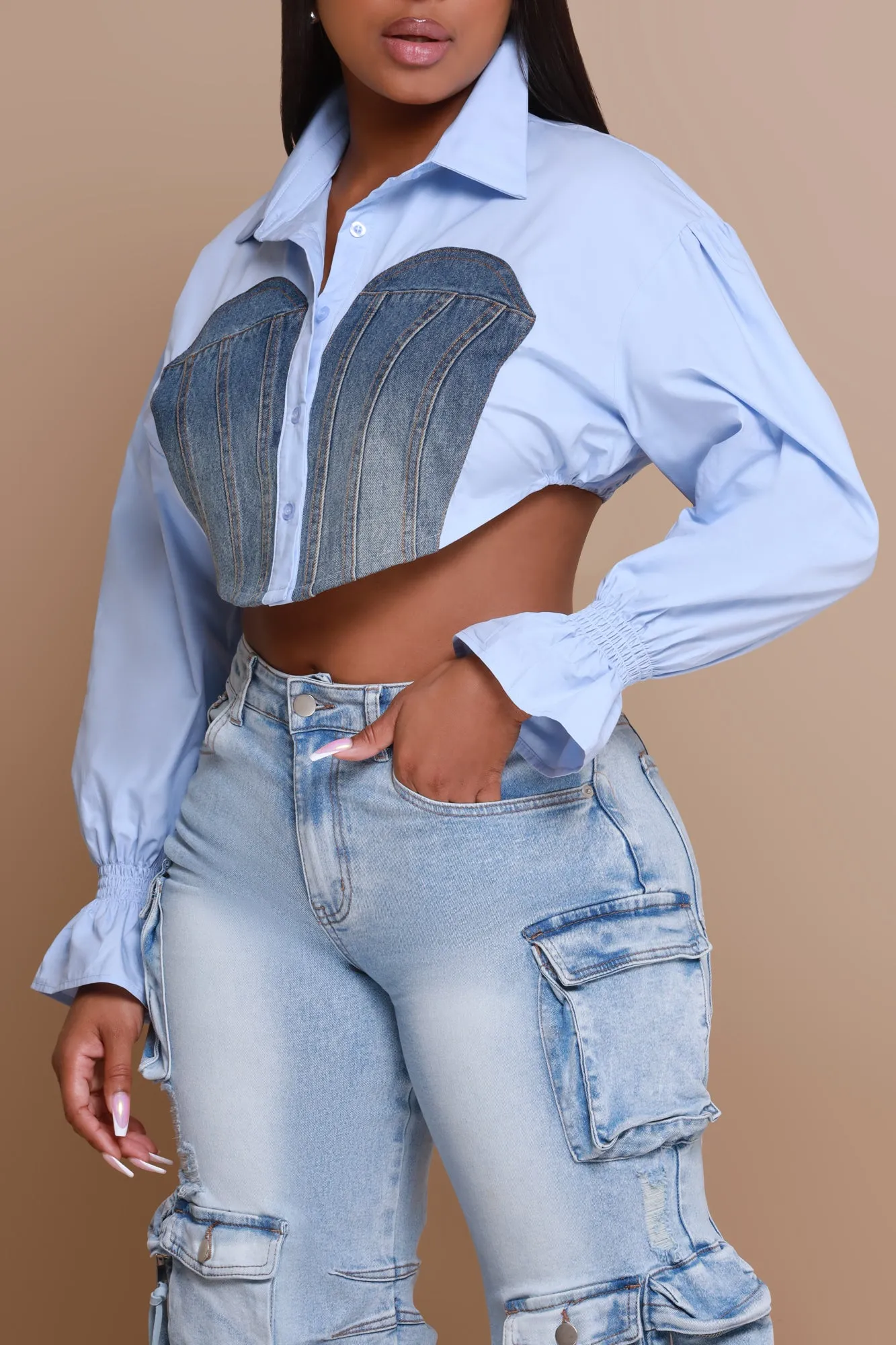 Okay Thanks Contrast Denim Crop Top - Blue sold by Swankaposh product image thumbnail 5