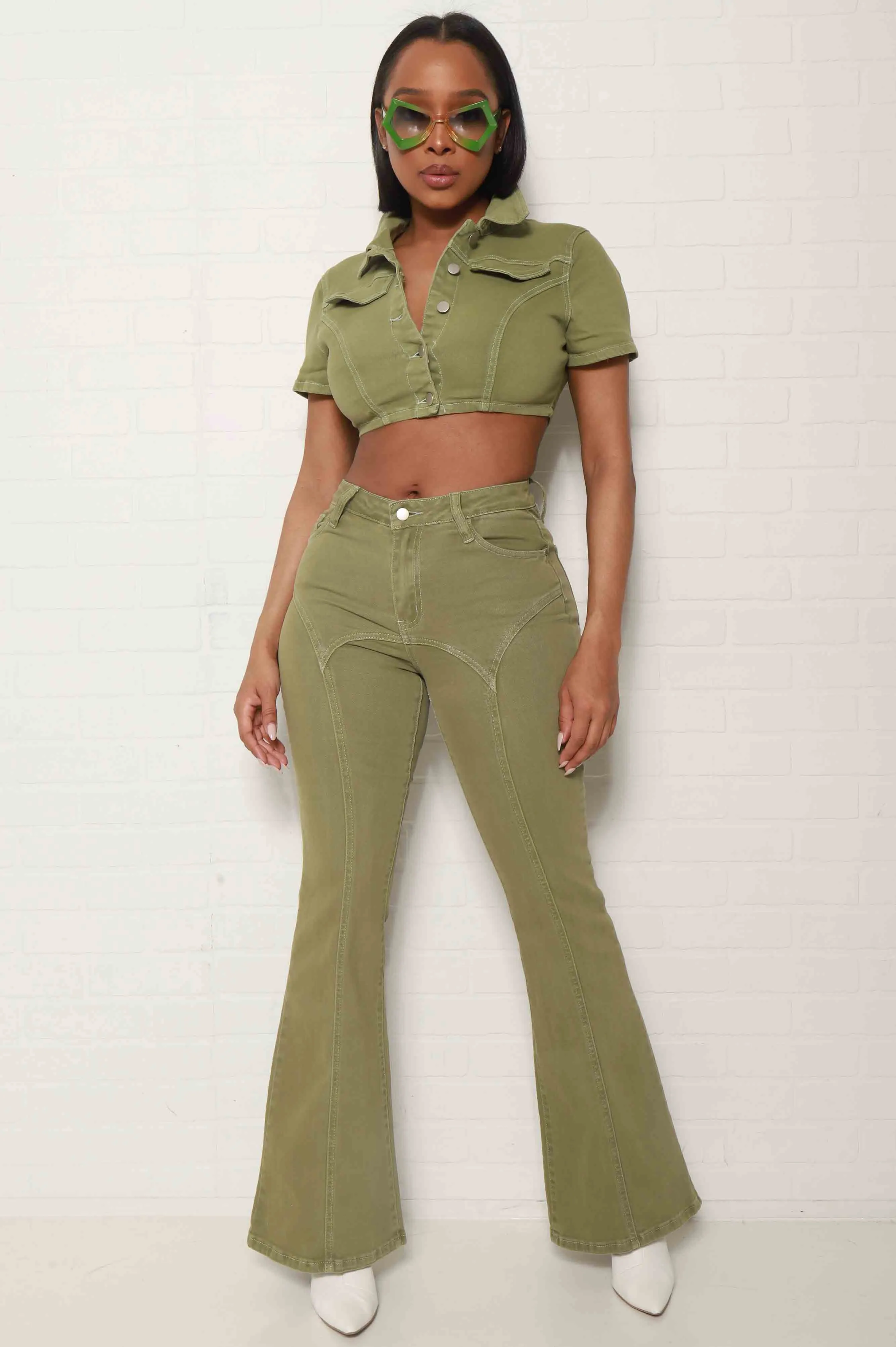 Another Day High Rise Flare Pants - Olive sold by Swankaposh