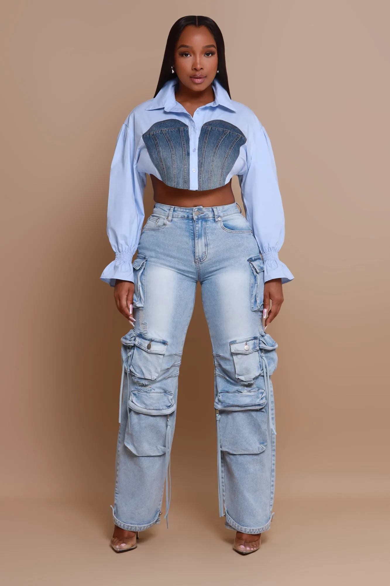 Okay Thanks Contrast Denim Crop Top - Blue sold by Swankaposh product image thumbnail 3